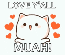 a cartoon cat is surrounded by hearts and says `` love y 'all muah ! ''
