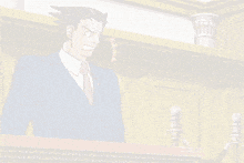 a man in a suit and tie stands behind a podium in a courtroom