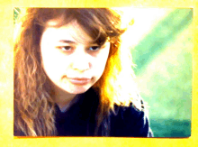 a painting of a girl with long hair and a yellow frame