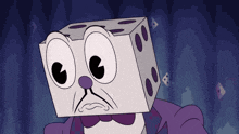 a cartoon character with a dice head is wearing a purple suit and bow tie .