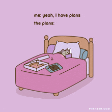 a cartoon of a cat laying in a bed with the words " me yeah i have plans the plans " above it