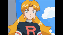 a cartoon character has a red letter r on her shirt