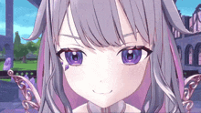 a close up of a cartoon girl with purple eyes