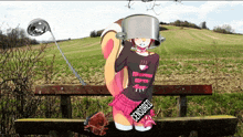 a girl with a pot on her head is sitting on a bench with a censored label