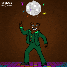 a cartoon of a cat dancing under a disco ball with the words $ fuzzy on xrp ledger below it