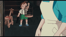 a little boy holding a bird cage in front of a woman in an apron
