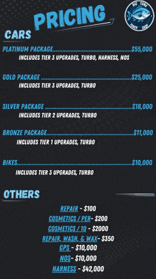 a pricing list for cars and others includes tiers 3 upgrades