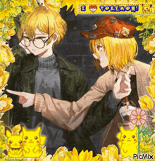 a boy and a girl are standing next to each other and the girl is pointing at the boy 's hat