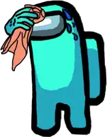 a blue among us character is being cleaned with a towel .