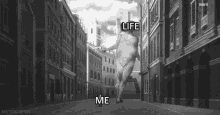 a naked man is walking down a city street with the words `` life me '' written on it .