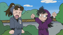 two cartoon characters are standing next to each other with the letters nhke visible