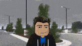 a man in a black jacket and blue shirt is standing in a parking lot