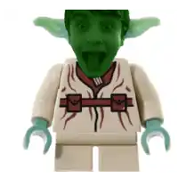 a lego figure with a green face and a red shirt