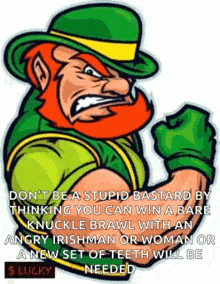 a leprechaun with a beard and a green hat is holding a fist in his hand .