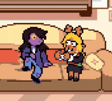 a pixel art of two characters standing next to each other on a couch