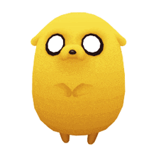 a yellow cartoon character with a black nose and a white eye
