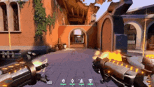 a person is holding a gun in front of a building with fire coming out of it in a video game .
