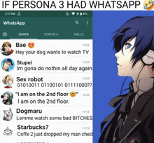 a screenshot of a person 's phone with the words if persona 3 had whatsapp at the top