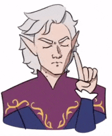 a cartoon of a man with white hair and ears making a funny face with his finger on his chin .