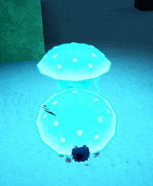 a computer generated image of a blue mushroom with white spots on it