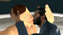 a man in a sheriff jacket kisses another man