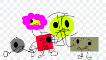 a drawing of a group of cartoon characters including a pink flower