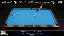a pool table with the us open bank pool championship on the bottom