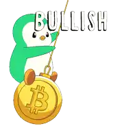 a cartoon of a penguin holding a gold coin with the word bullish on it
