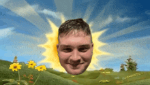 a man 's head is visible in front of a sun in a field of flowers
