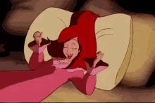 a cartoon of a woman laying in a bed with her eyes closed .