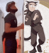 a man is standing next to a drawing of a man in a cat suit