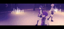 a group of anime characters are standing on a stage in a dark room