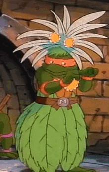 a cartoon character with a flower on his head and a belt that says mt