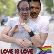 two men are hugging and making a heart shape with their hands with the words love is love written above them