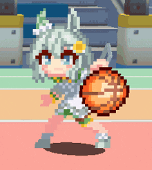 a pixel art of a girl holding a basketball on her back