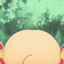 a close up of a blonde anime girl with red ribbons in her hair .