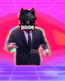 a man in a suit has a logo on his face that reads boom