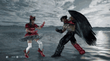 a video game shows a man and a woman fighting each other with a button that says " red red "