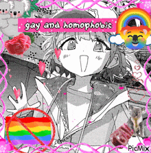 a black and white drawing of a girl with the words gay and homophobic