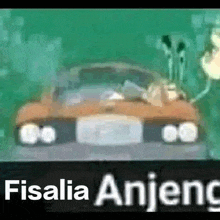 a cartoon car is floating in the water with the words fisalia anjing in the corner .
