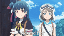 two anime girls standing next to each other with vio and flor written on the bottom right