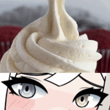 a close up of a person 's eyes next to a cupcake with whipped cream