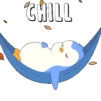 a penguin is laying in a hammock with the words chill written above it