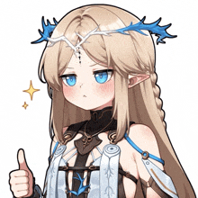 a girl with long blonde hair is giving a thumbs up