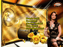 a woman in a black dress sits in front of a bottle of wine and yellow roses with the words noapte buna goodnight