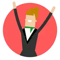 an illustration of a woman in a tuxedo with her arms in the air