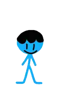 a blue stick figure with a black head and a smile on his face