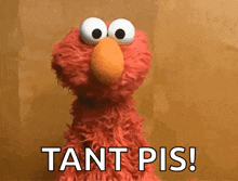 elmo from sesame street is standing in front of a brown background and says tant pis .