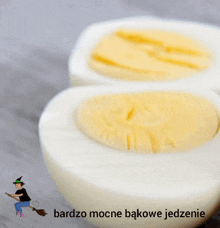a witch is riding a broom next to hard boiled eggs and the words bardzo mocne bakowe jedzenie