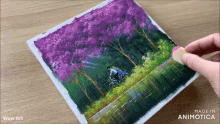 a painting of a man riding a bike with purple flowers in the background